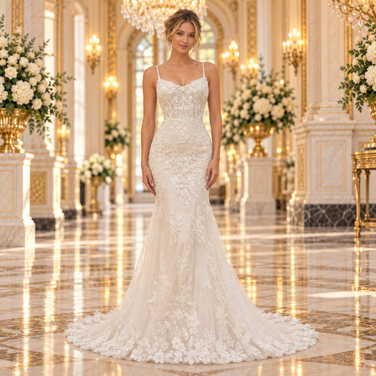 Vista frontal del vestido de novia Mori Lee Pascha 51ML2624LQ corte sirena color Ivory, en modelo en lobby de hotel.