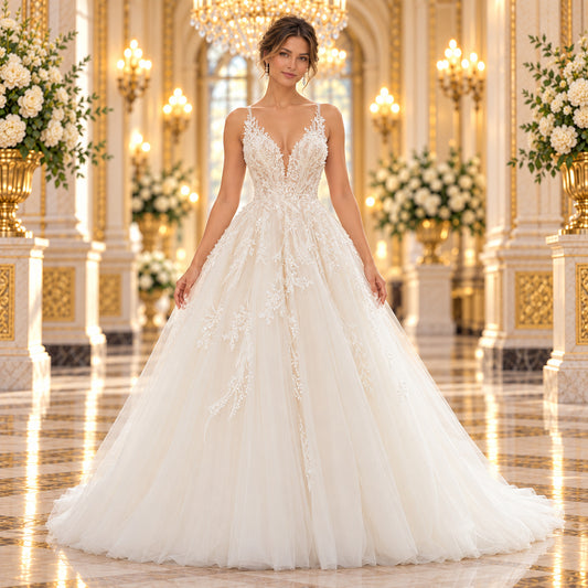 Vista frontal del vestido de novia Mori Lee Rávena 51ML2663LQ corte Princesa color Ivory, en modelo en lobby de hotel.