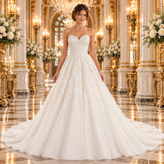 Vista frontal del vestido de novia Mori Lee 51ML2808LQ, corte princesa color ivory con escote corazón sin tirantes y guipur, en lobby de hotel.