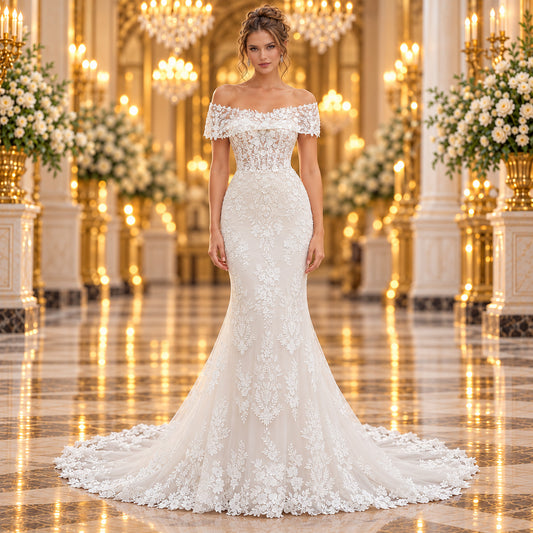 Vista frontal con estola del vestido de novia Mori Lee Paige 51ML4164LQ, corte sirena en color Ivory, en un elegante lobby de hotel.