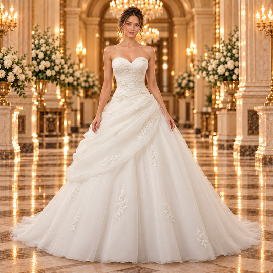 Vestido de novia 51ML4973LQ corte princesa en color ivory, vista frontal con escote corazón y drapeados de organza en lobby de hotel.