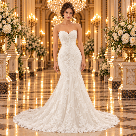 Vista frontal del vestido de novia Mori Lee 51ML5413LQ corte sirena en ivory, con escote corazón y encaje, en una elegante modelo en un lobby de hotel.