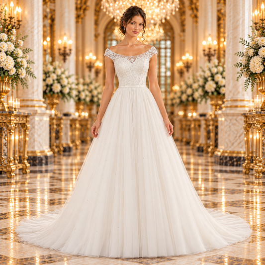 Vista frontal del vestido de novia Leticia de Mori Lee 51ML5683LQ en color Ivory, con modelo en un elegante lobby de hotel.