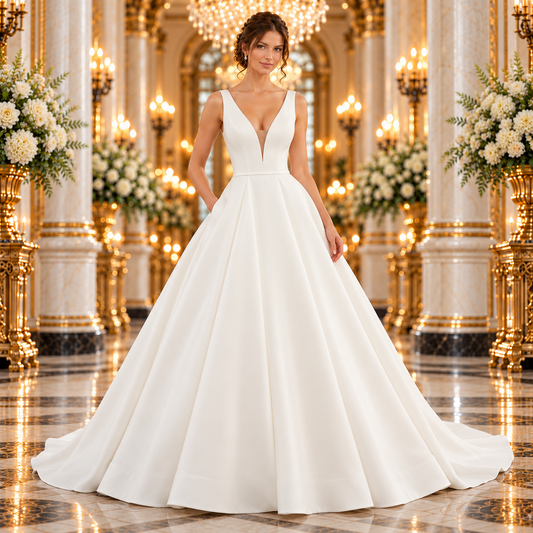 Vista frontal del vestido de novia Mori Lee Sara 51ML5814LQ en color ivory, con falda lisa amplia y escote en V, en lobby de hotel.