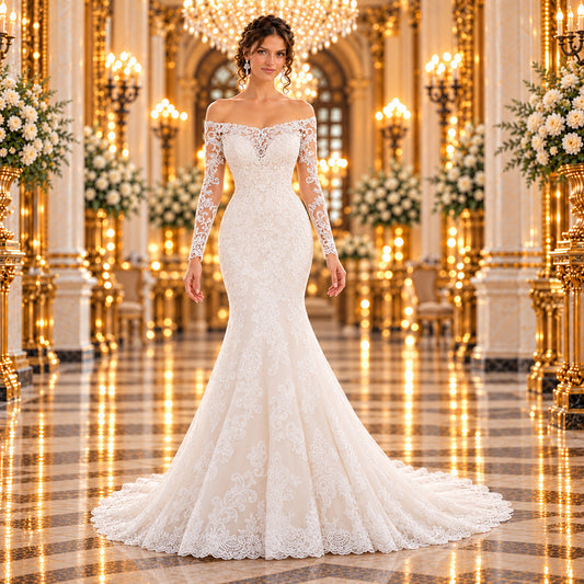 Vestido de novia Mori Lee Karlee 51ML8207LQ corte sirena en ivory, vista frontal completa en elegante lobby de hotel