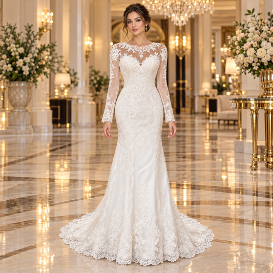 Vestido de Novia corte Sirena con elegante transparencia en espalda color Ivory y mangas largas 51SA09115-RLQ