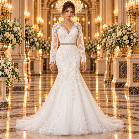Vestido de novia 51SA21994-6LQ color ivory, vista frontal con encaje, mangas largas y cinturón de pedrería en lobby de hotel.