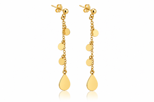 Aretes largos con círculos y gota en oro amarillo de 14K | 610076LQ