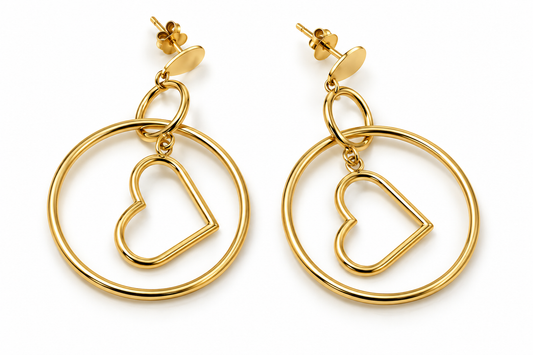 Aretes colgantes de aro y corazón en oro amarillo de 14K | 610126LQ