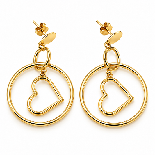 Aretes colgantes de aro y corazón en oro amarillo de 14K | 610126LQ