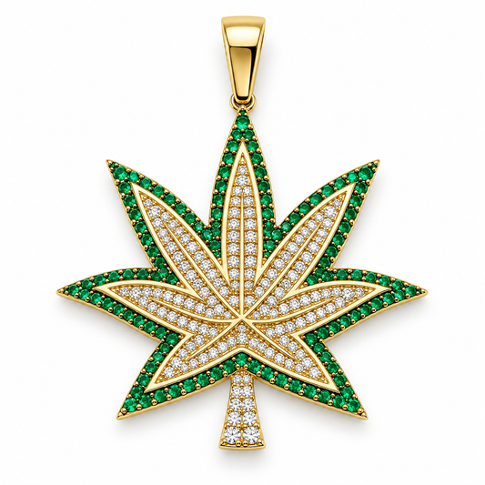Dije de hoja de marihuana con circonias en oro amarillo de 10K | 6510030LQ