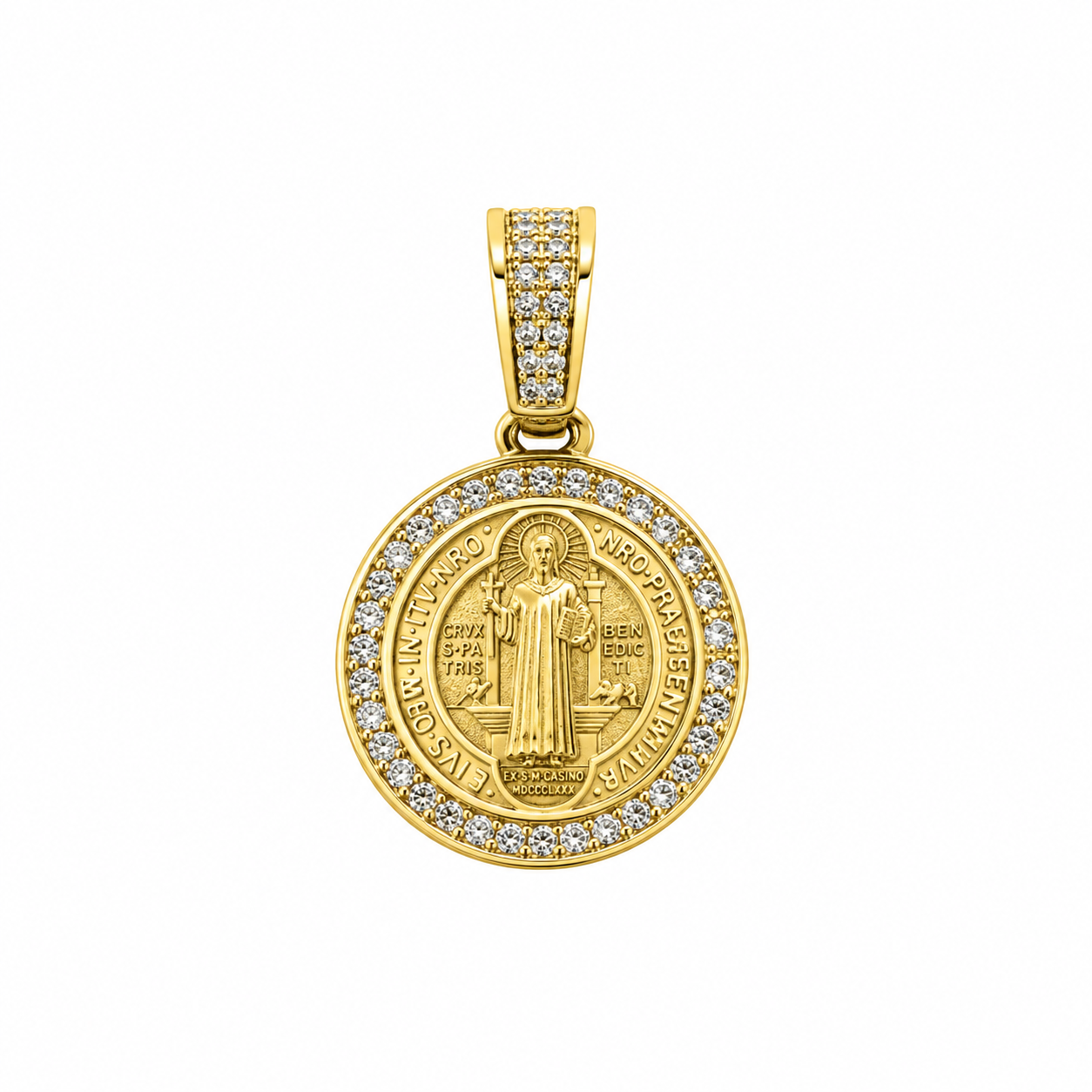 6510125LQ Medalla de San Benito en oro amarillo de 10 Kilates con circonias