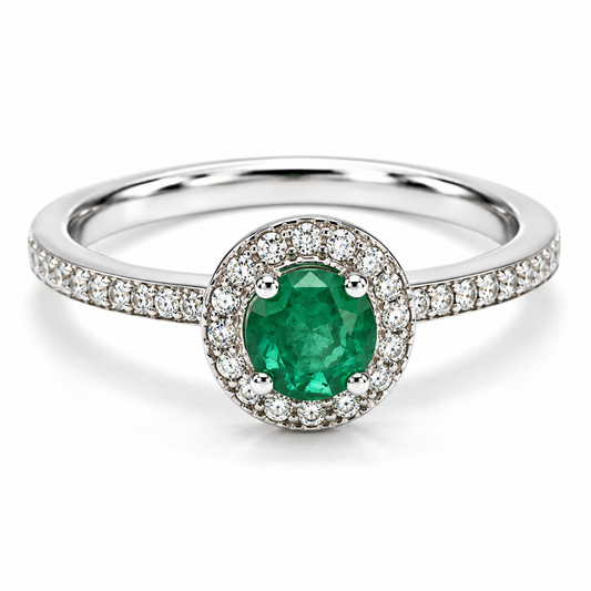 Anillo de Compromiso en oro blanco de 14 Kilates, montado con una Esmeralda central y Diamantes naturales | 14JC171979LQ-E