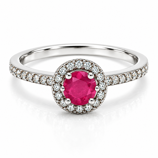 Anillo de Compromiso en oro blanco de 14 Kilates, montado con Rubi central y Diamantes naturales | 14JC171979LQ-R