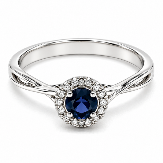Anillo de compromiso en oro blanco de 14 Kilates con Diamante natural y Zafiro | 14JC205710LQ