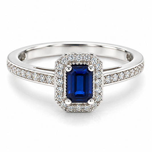 Anillo de compromiso en oro blanco de 14 kilates con Zafiro y Diamantes naturales | 14JC249057LQ
