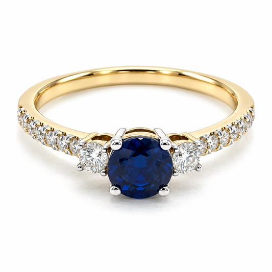 Anillo de compromiso en oro amarillo de 14 Kilates, montado con diamantes laterales y un Zafiro central | 17JC163415LQ-S