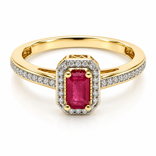 Anillo de Compromiso en oro amarillo de 14 Kilates, montado con un Rubí central y Diamantes naturales 17JC218639LQ