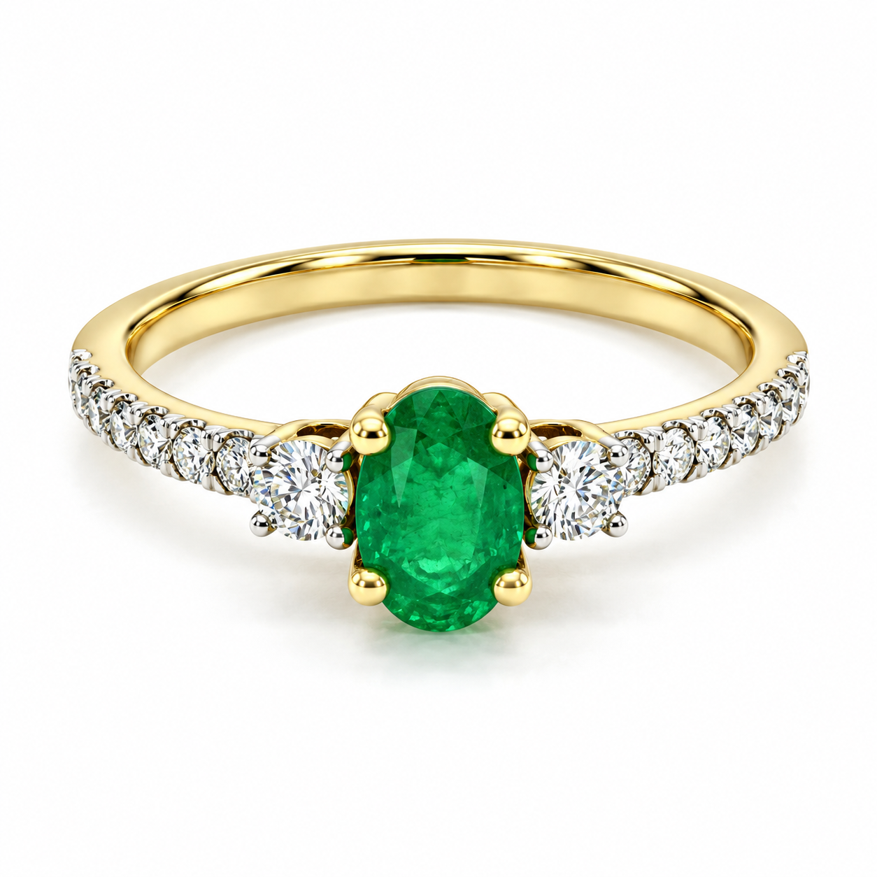 17JC231148LQ Anillo de compromiso en oro amarillo con diamantes laterales y Esmeralda central corte Oval.