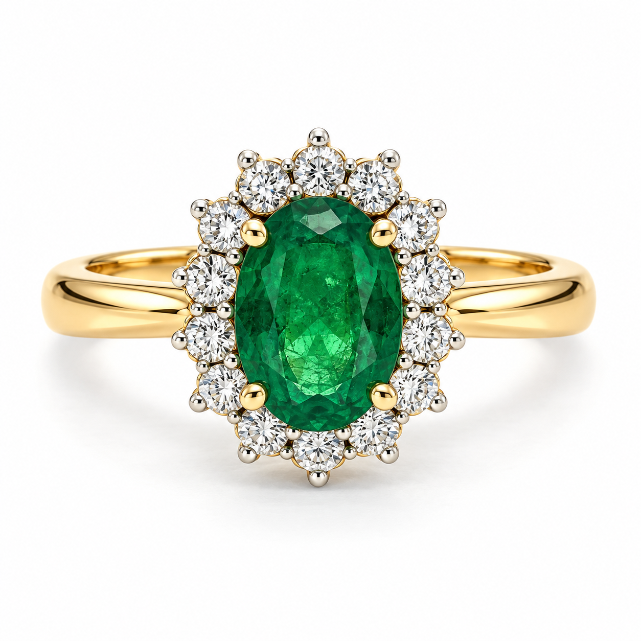 17JC254851LQ Anillo de compromiso en oro amarillo con Esmeralda central en corte Oval y Diamantes en Halo.