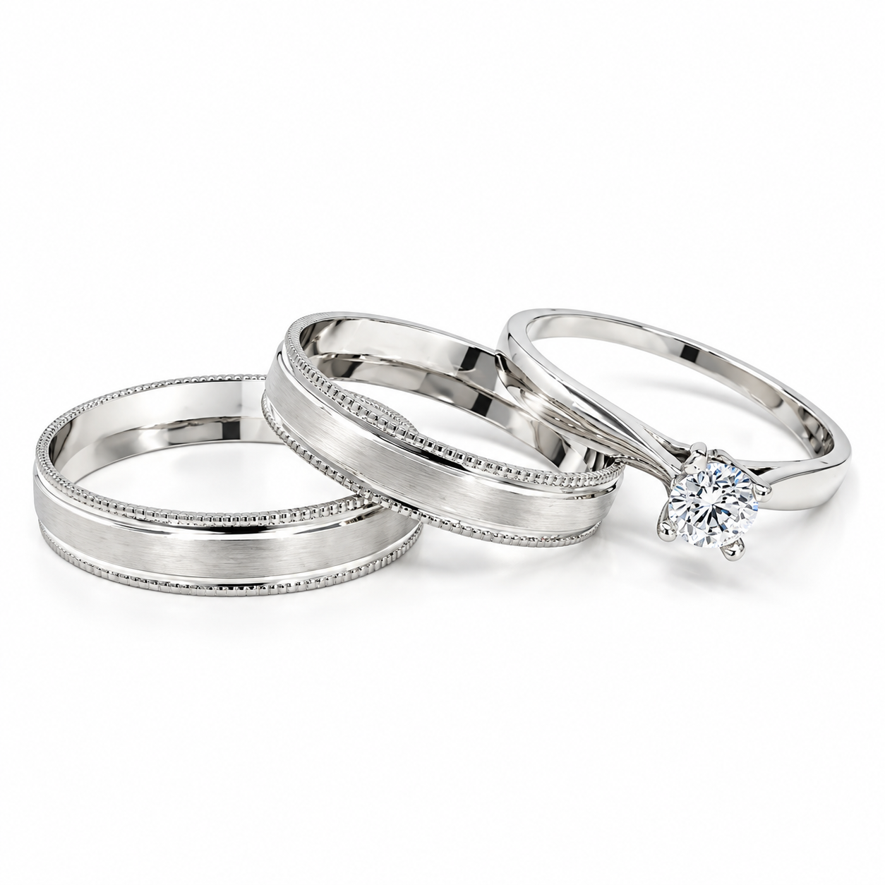18D16B-4LQ + 11ZB187LQ Trio Matrimonial en Oro Blanco, Argollas en 10 kilates y anillo de compromiso en 14 kilates