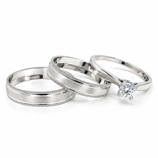 Trio Matrimonial en Oro Blanco, Argollas en 10 kilates y anillo de compromiso en 14 kilates | 18D16B-4LQ + 11ZB187LQ