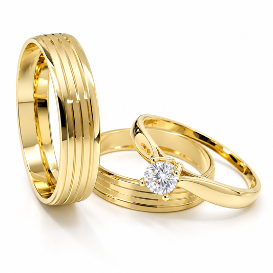 18D17-4LQ + 11ZA187LQ Trio matrimonial en oro amarillo, argollas en 10 kilates y anillo de compromiso en 14 kilates