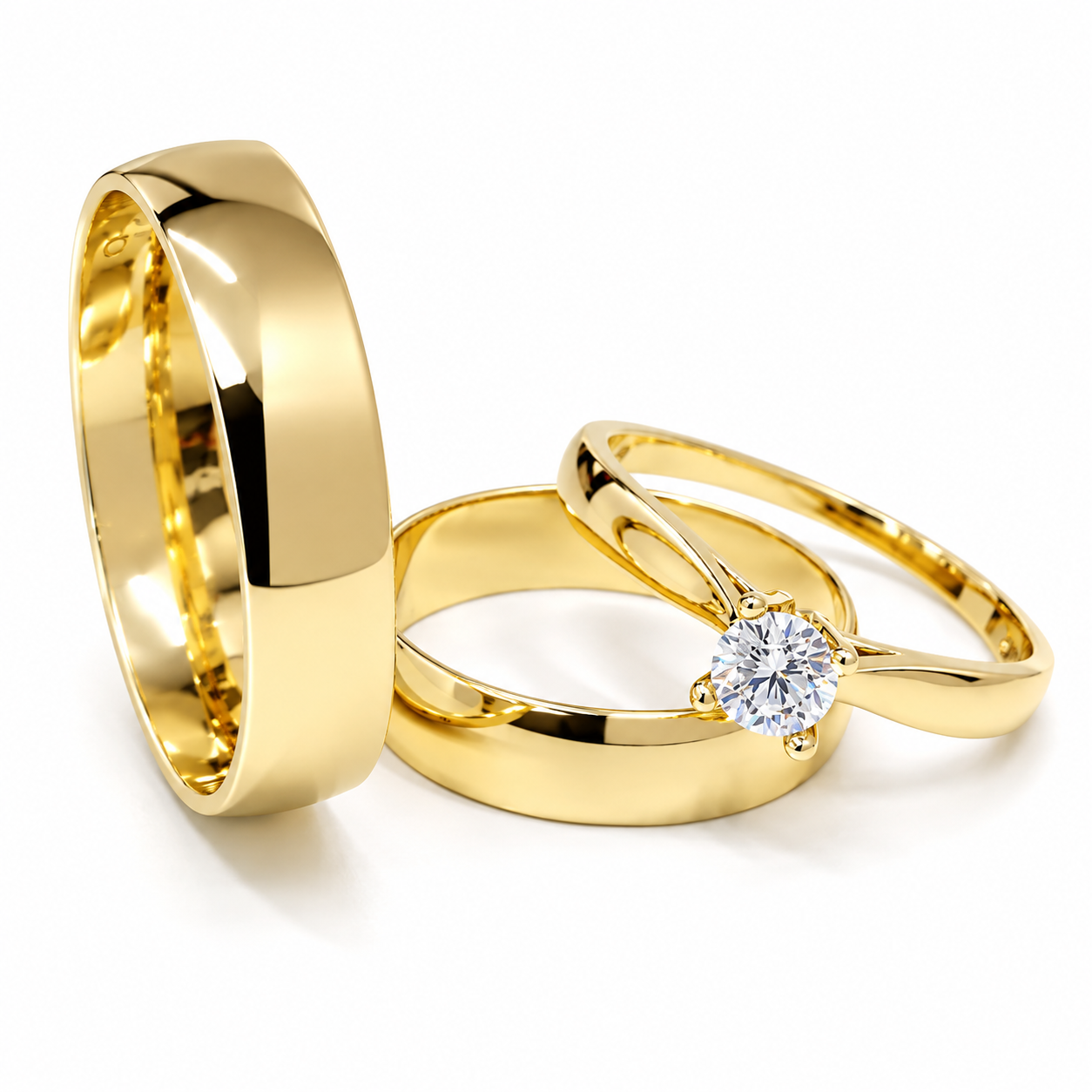 18D18-4LQ + 11ZA187LQ Trio matrimonial en oro amarillo, argollas en 10kts y anillo de compromiso en 14kts