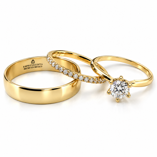18D18-4LQ + 23CHA653LQ + 11ZA244LQ Trio matrimonial en oro amarillo, Argolla de 10 Kilates con anillo de compromiso y churumbela de 14 Kilates.