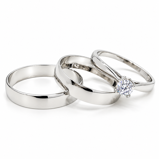 Trio Matrimonial en Oro Blanco, Argollas en 10 kilates y anillo de compromiso en 14 kilates | 18D18B-4LQ + 11ZB187LQ