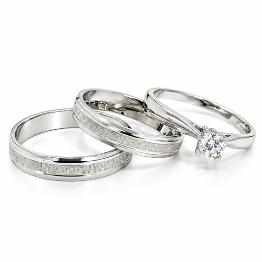 Trio Matrimonial en Oro Blanco, Argollas en 10 kilates y anillo de compromiso en 14 kilates | 18D19B-4LQ + 11ZB187LQ