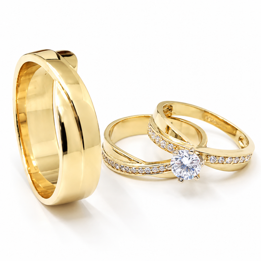 19A2598-64LQ+11ZA06LQ  Trio matrimonial en oro amarillo de 14 kilates