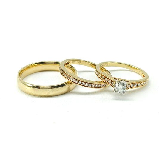 19A73-4LQ + 13JCMR19266SBLQ Trio Matrimonial, Argolla en oro de 14 kilates, Anillo de Compromiso y Churumbela de Diamantes en oro de 18 kilates