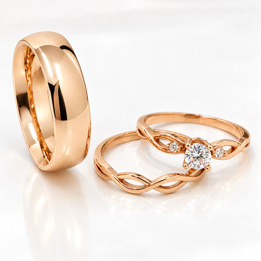 Trio Matrimonial en Oro Rosa de 14 kilates | 19R110-5LQ + 23CHR196LQ + 11ZR631LQ