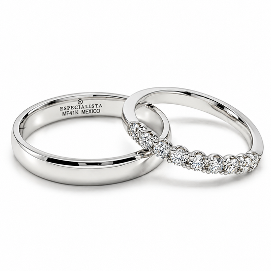 20B110-4LQ + 23CHB4746LQ-2 Set de argolla de matrimonio tradicional con churumbela en oro blanco de 14 kilates