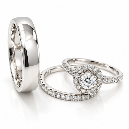 Trio Matrimonial en Oro Blanco de 14 kilates | 20B110-4LQ + 14JC102034LQ