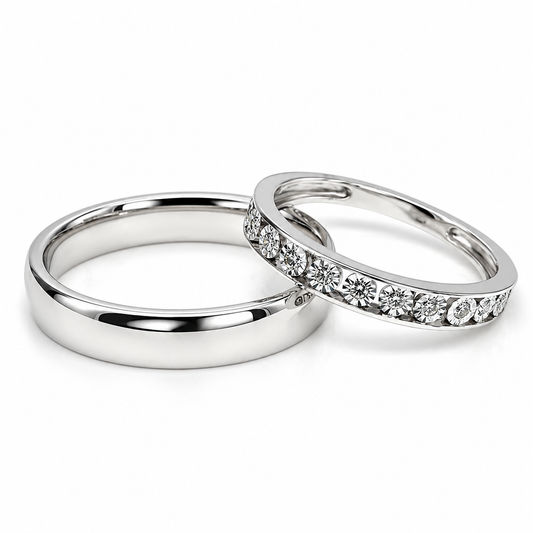 20B110-4LQ + 22CHB117597LQ Set de Argolla de Matrimonio en oro de 10 ó 14 kilates y Churumbela en oro blanco de 14 Kilates con Diamantes naturales.