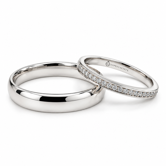 20B110-4LQ + 23CHB261LQ Set de argolla de matrimonio tradicional con churumbela en oro blanco de 10 Çü 14 kilates