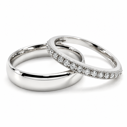 20B110-4LQ + 23CHB539LQ Set de argolla de matrimonio tradicional con churumbela en oro blanco de 10 Çü 14 kilates