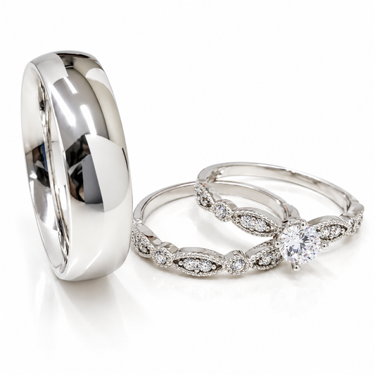 Trio Matrimonial en Oro Blanco de 14 kilates | 20B110-6LQ + 11ZB599LQ + 23CHB599LQ