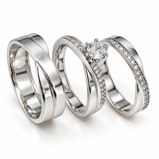 Trio Matrimonial en oro blanco de 14 kilates | 20B2598-64LQ + 11ZB06LQ