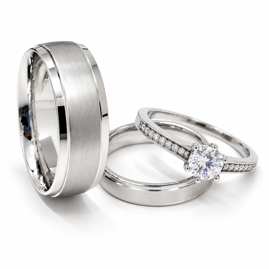 Trio Matrimonial en oro blanco de 14 kilates | 20B5-64LQ + 11ZB518LQ