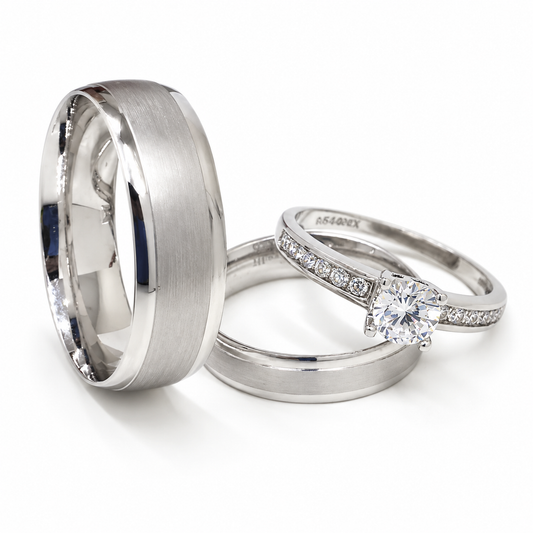 Trio Matrimonial en oro blanco de 14 kilates | 20B5-64LQ + 11ZB55LQ