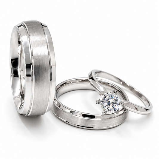Trio Matrimonial en oro blanco de 14 kilates | 20B5V-64LQ + 11ZB244LQ