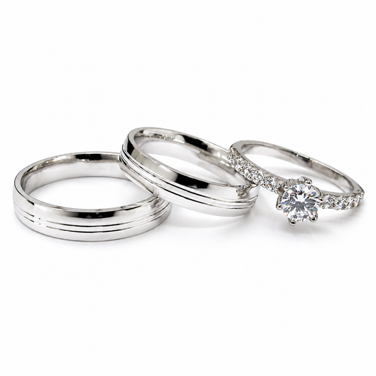 Set de argollas de matrimonio tradicional en oro blanco de 14 Kilates y anillo de compromiso en oro blanco de 10 Kilates | 20B75-4LQ + 18ZB4207LQ
