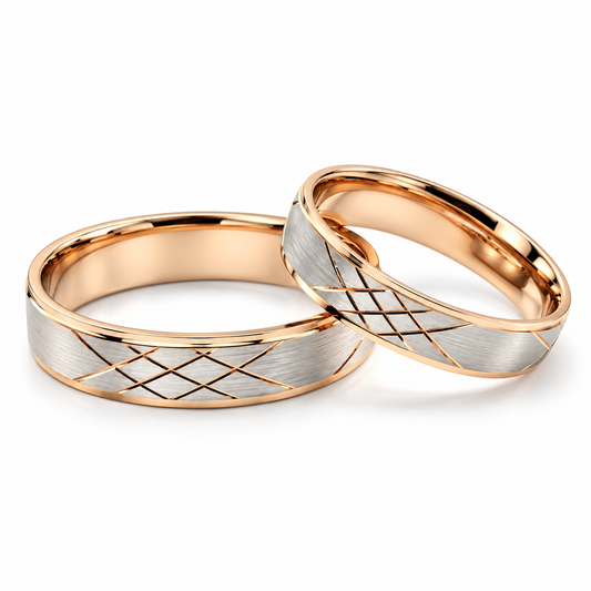 Argollas de matrimonio en oro blanco y rosa con líneas cruzadas de 4 mm | 21C14R-4LQ