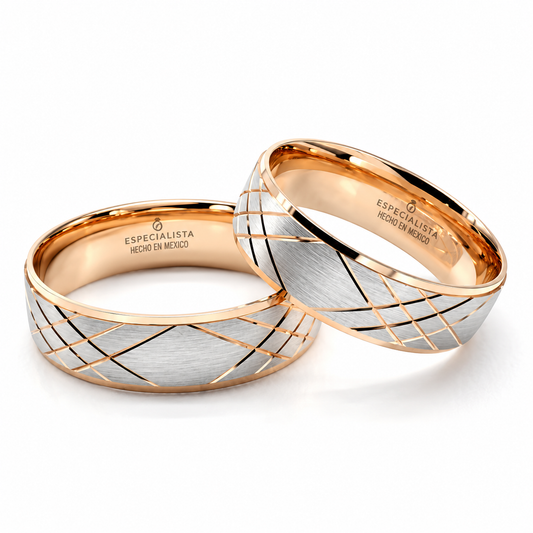 Argollas de matrimonio en oro blanco y rosa con líneas cruzadas de 6 mm | 21C14R-6LQ
