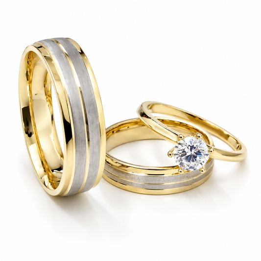 Trio matrimonial en oro amarillo de 14 kilates | 21C153-54LQ + 11ZA528LQ