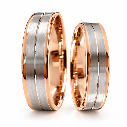 Argollas de matrimonio en oro combinado con líneas paralelas | 21C155-6LQ