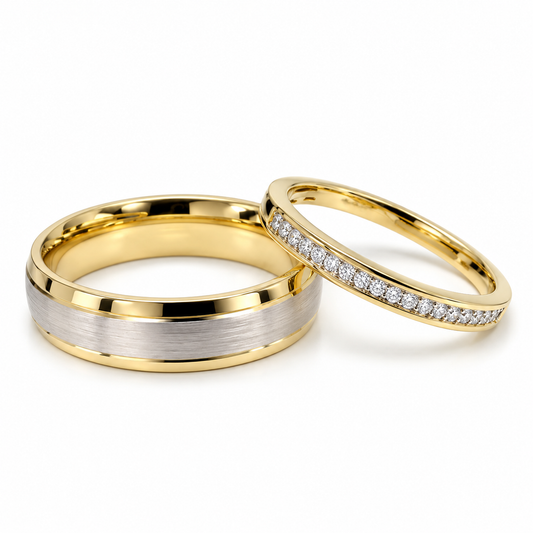 21C20-6LQ + 22CHA131415LQ Set de Argolla de Matrimonio  y Churumbela en oro amarillo de 14 Kilates con Diamantes naturales.